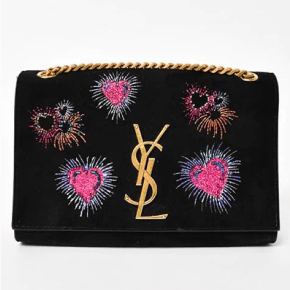 YSL Saint Laurent Black Suede Kate Bag w/ Glitter Heart Fireworks Print